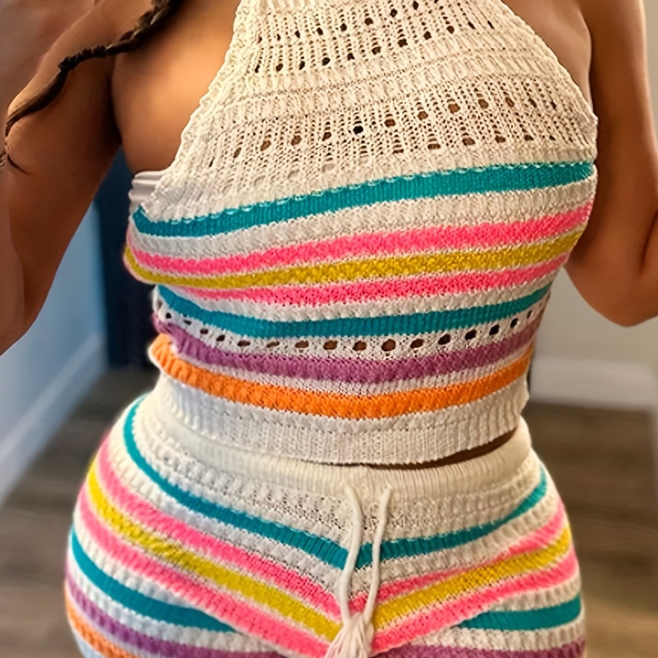 Dam Set Y2K Stickad Halterneck Topp och Shorts – Trendigt Sommaroutfit