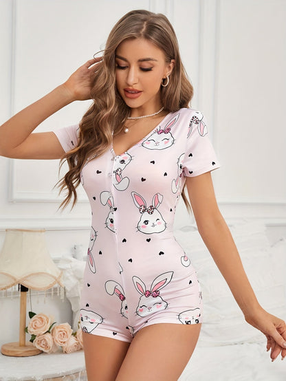 Dam Pyjamas Romper med Kaninmotiv och Hjärtan – Söt och Bekväm Kortärmad Sovplagg