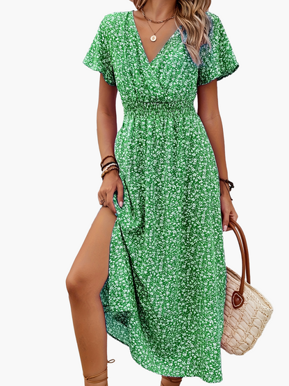 Damklänning Elegant V-ringad Blommig Sommarklänning med Kort Ärm och Slits