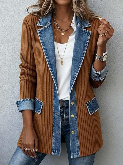 Damkavaj Elegant Långärmad Med Jeansdetaljer För Mode och Vardag