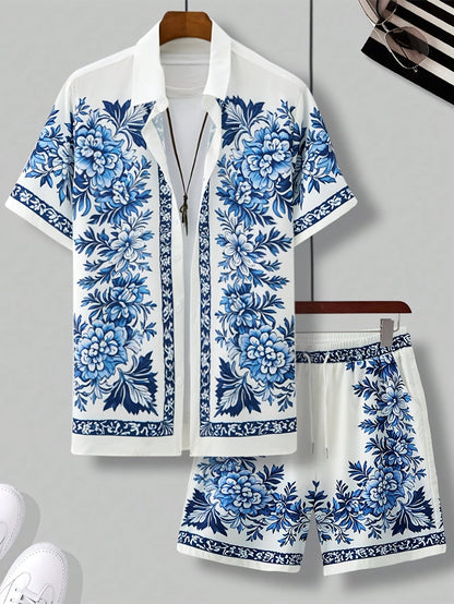 Herrset – Somrig kortärmad skjorta och shorts med blommönster, avslappnad semesterstil