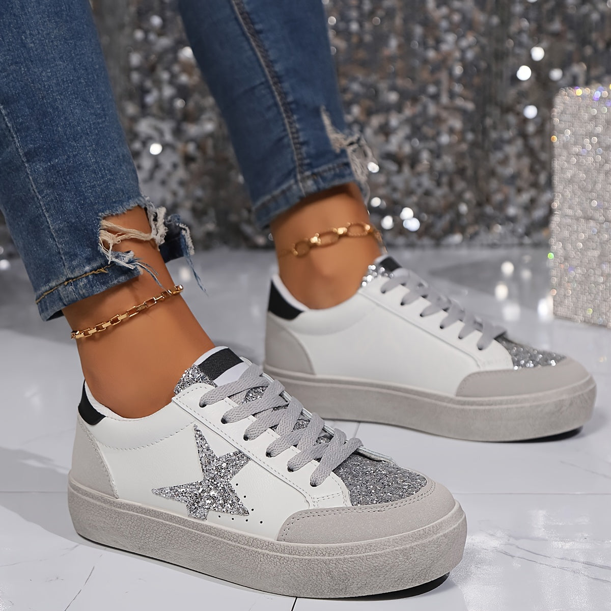 Dam Sneakers med Glittrig Stjärndesign – Trendiga Vardagsskor för Mode och Komfort