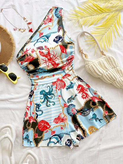 Dam Playsuit med Tropiskt Mönster och Asymmetrisk Enaxlad Design – Sommar, Fest och Semester