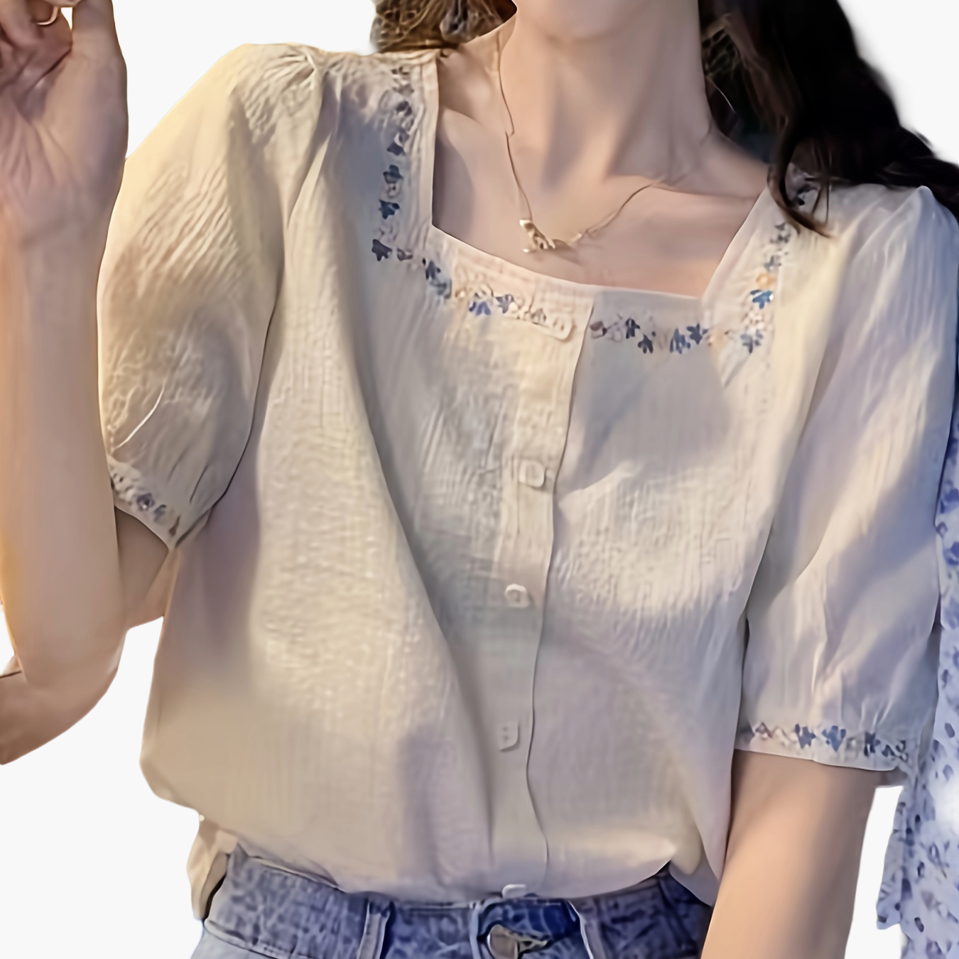 Dam Elegant Blus med Broderade Blommor och Fyrkantig Hals – Vår/Sommar Top