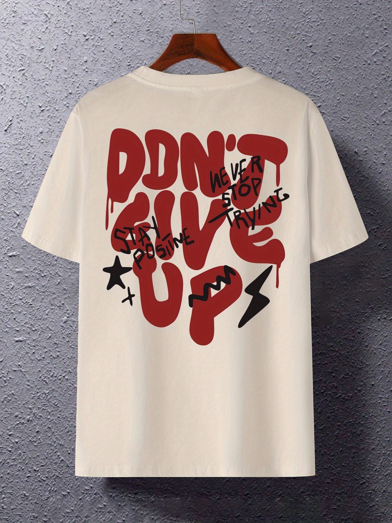 Herr T-shirt med graffiti-tryck och motiverande text – Streetwear, avslappnad stil