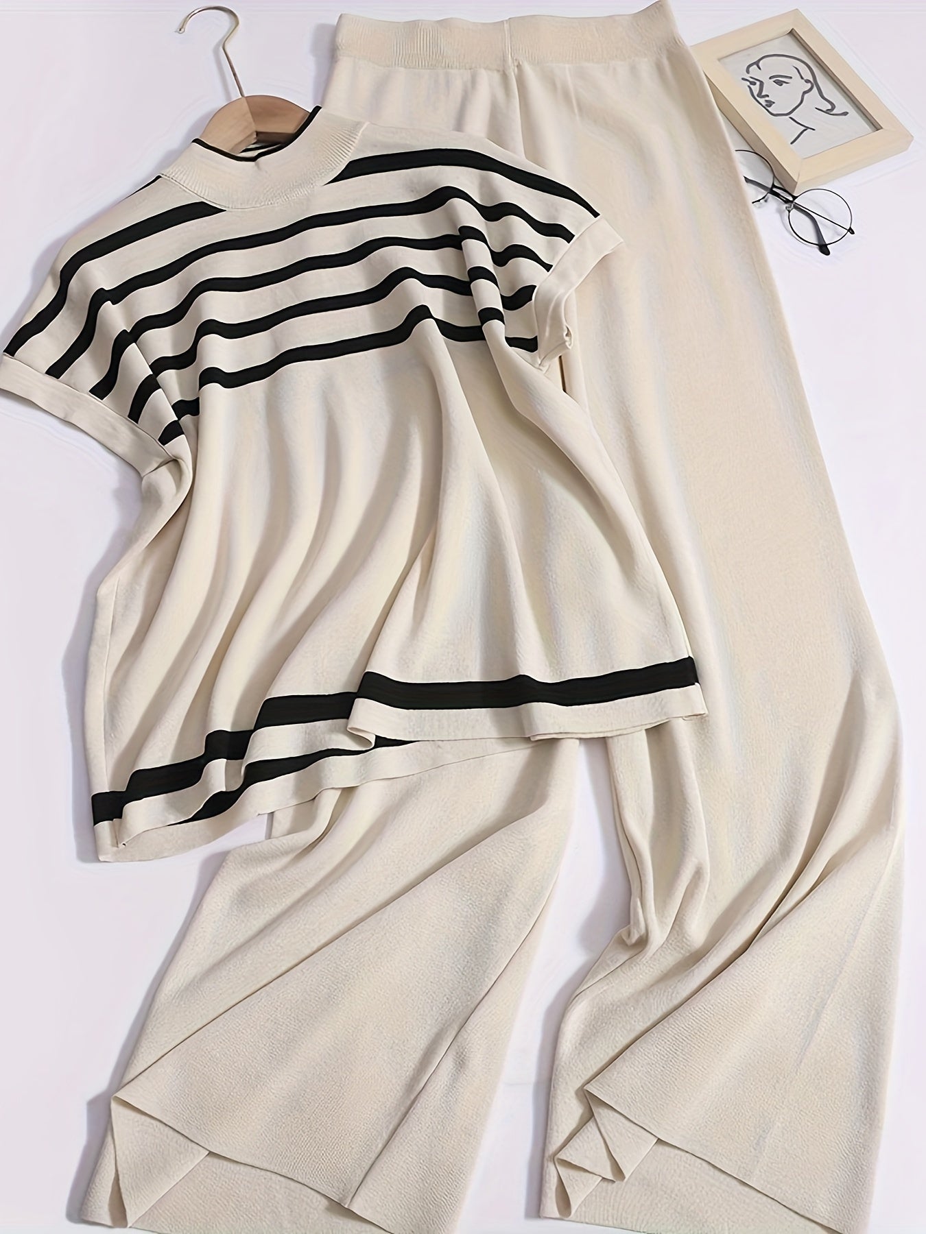 Dam Set Elegant Randig Topp och Vida Byxor för Vår/Sommar - Avslappnad Chic Outfit