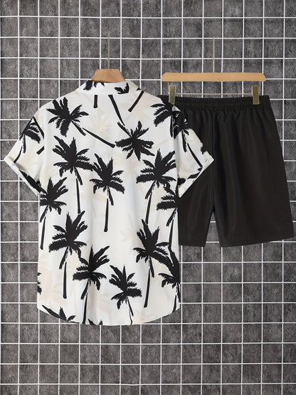 Herr Skjorta med Palmtryck och Shorts – Semesterset för Strand och Sommar
