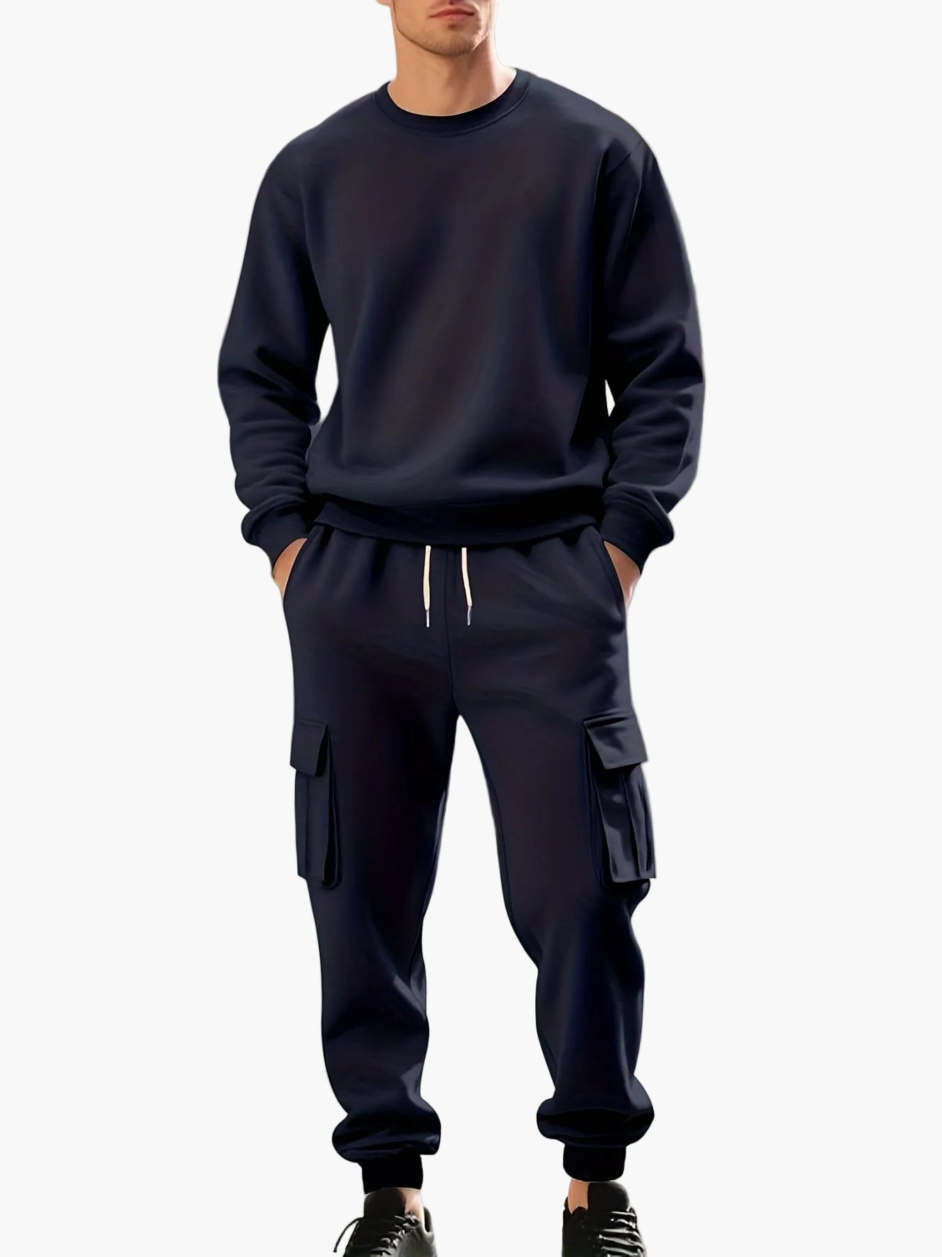 Herr Sportig Joggingdräkt Set med Cargo Byxor och Trendig Sweatshirt Fritidskläder