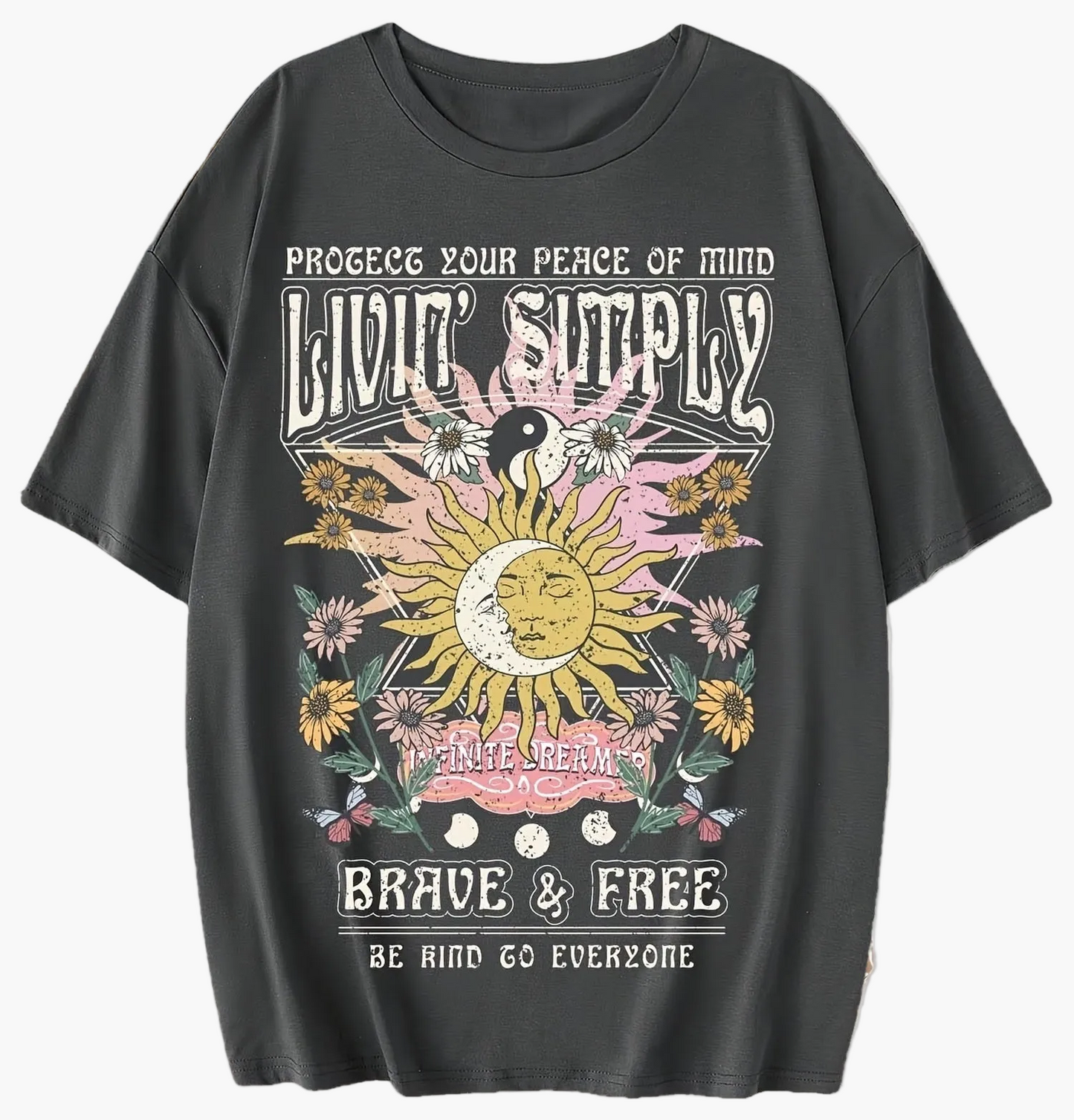 Dam T-shirt med Boho-tryck och inspirerande text, avslappnad stil