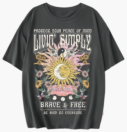 Dam T-shirt med Boho-tryck och inspirerande text, avslappnad stil