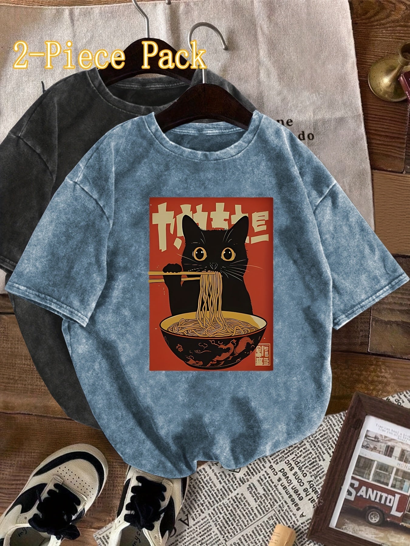 Unisex T-shirt med Vintage Katt och Ramen, Japansk Stil, Casual Mode
