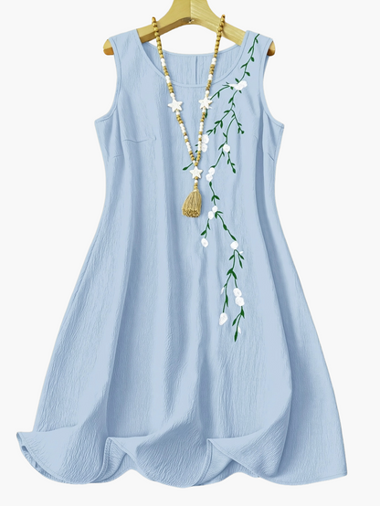 Damklänning med broderi, ärmlös, elegant vår- och sommarklänning, A-linjeformad