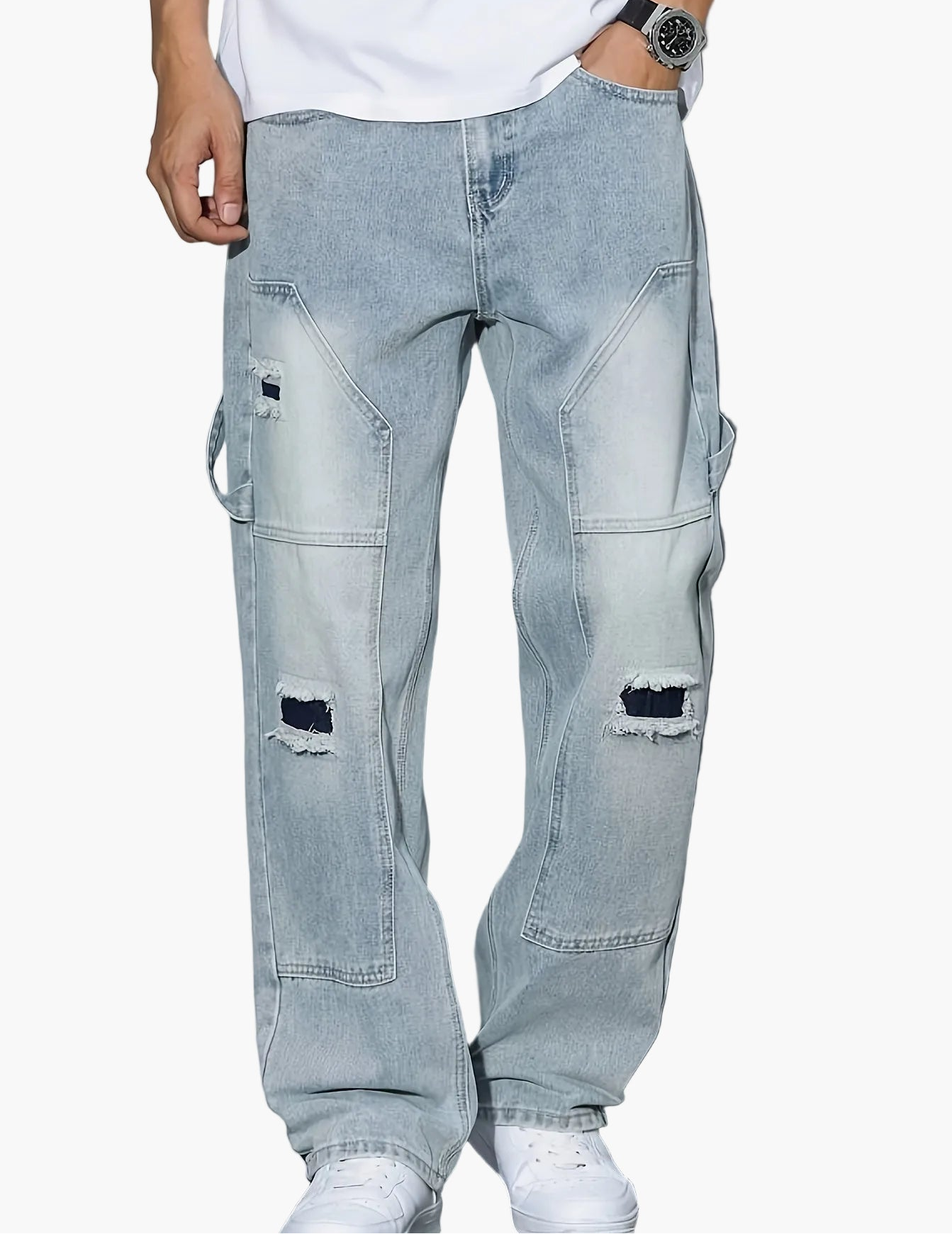 Herr Cargo Jeans Baggy Streetwear med Slitna Detaljer och Lösa Ben