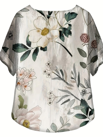 Dam Blus Vintage Blommig Kortärmad Sommartopp med Knappar