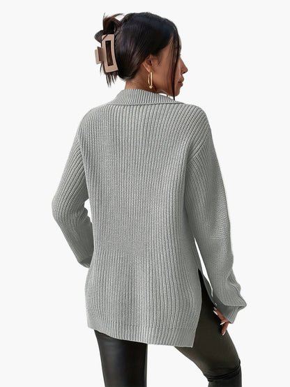 Damtröja med halv dragkedja och hög krage – Trendig stickad pullover för höst och vinter