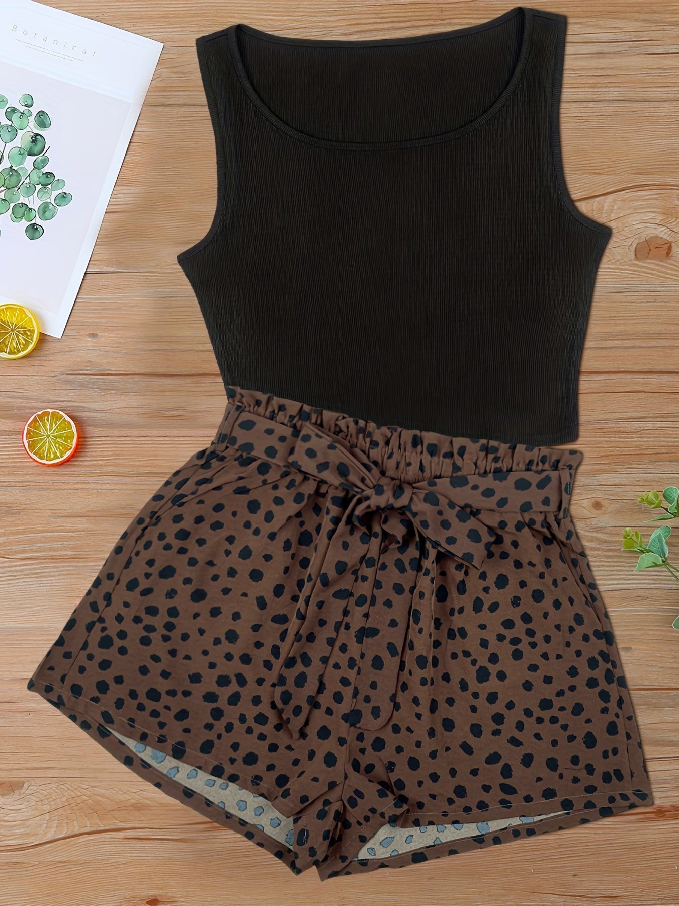 Dam Shorts Set med Prickigt Mönster och Elegant Linne – Perfekt för Vår och Sommar