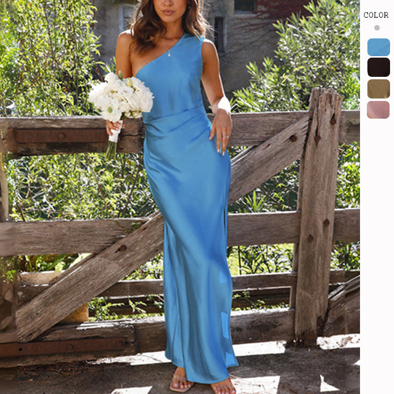 Jenny – Slim One-shoulder Split Satin Dress