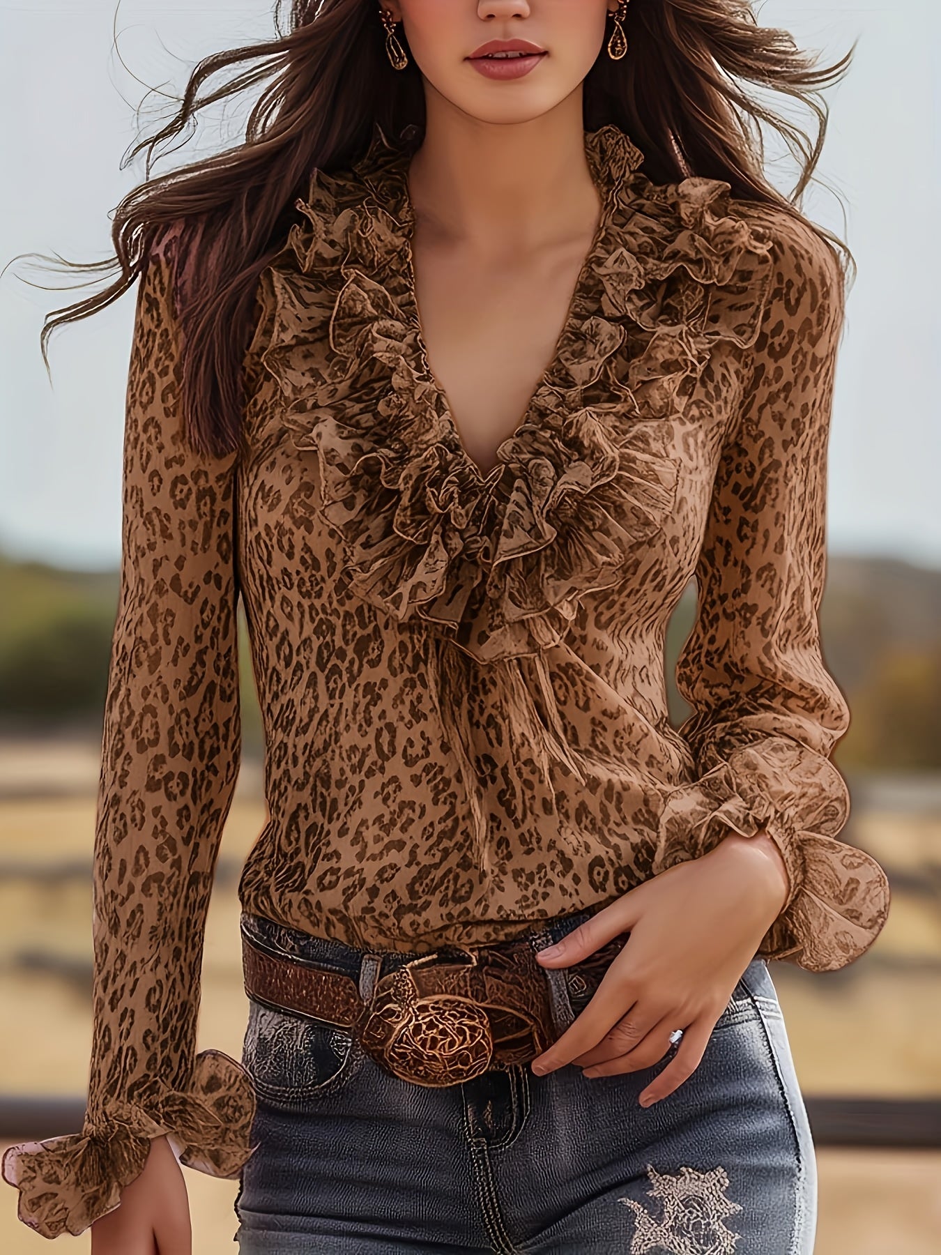 Damblus Elegant Leopardmönstrad med Volanger och V-ringning – Perfekt för Fest och Vardag