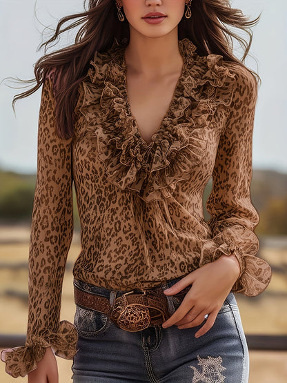 Damblus Elegant Leopardmönstrad med Volanger och V-ringning – Perfekt för Fest och Vardag
