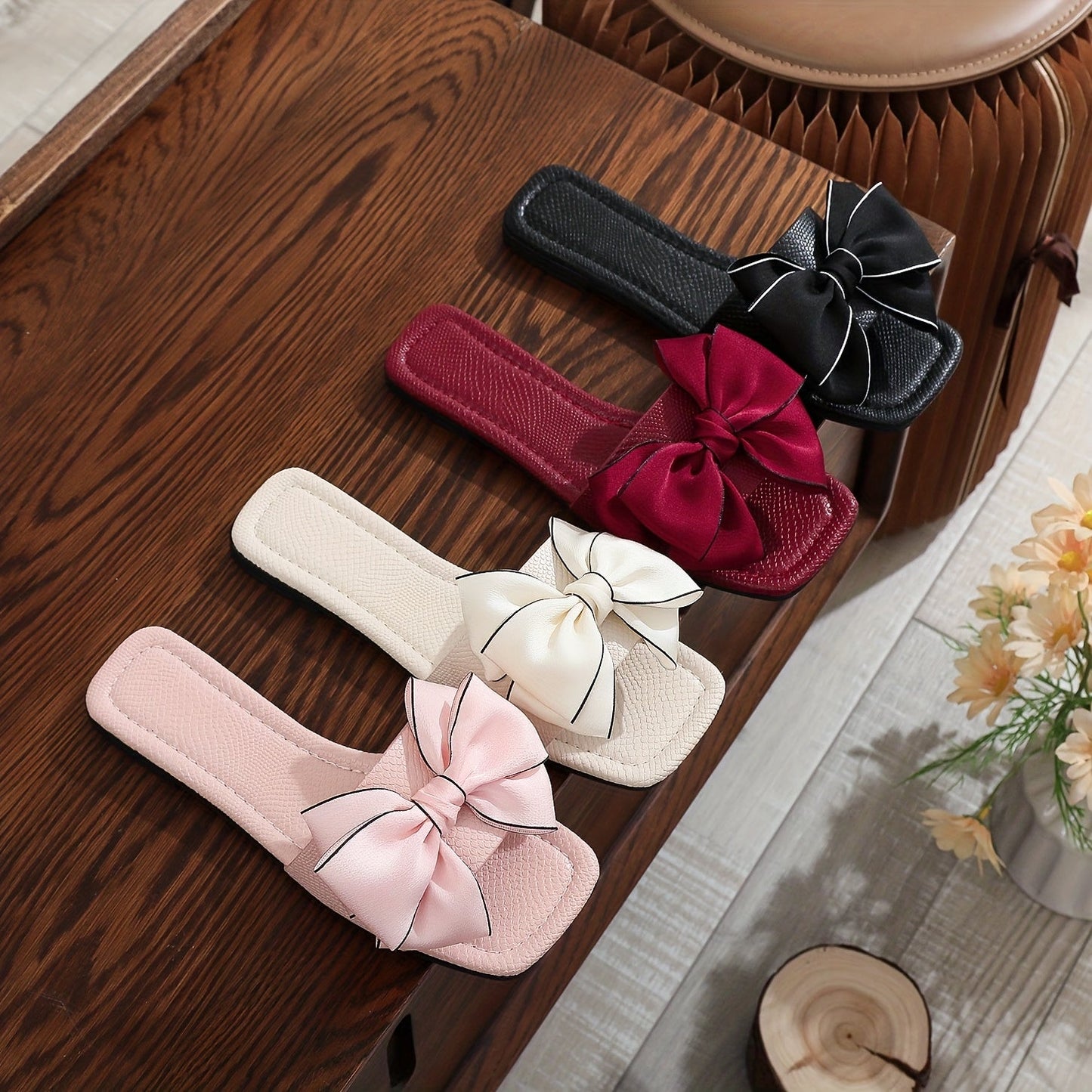 Dam Sandaler med Stor Rosett och Fyrkantig Tå – Trendiga Sommarslippers för Vardagsbruk