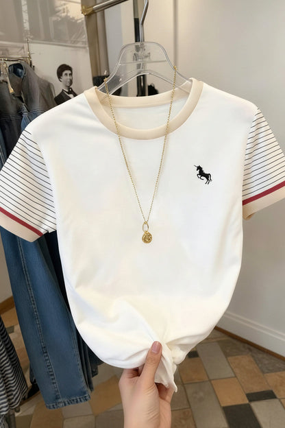 Dam T-shirt med enhörningslogotyp och randiga ärmar – Trendig vardagsstil