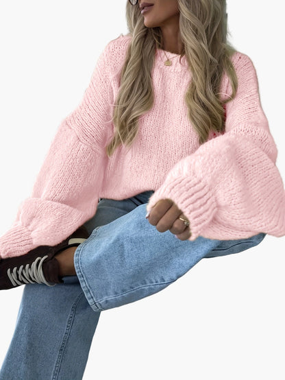 Damstickad oversized tröja med ballongärmar för höst och vinter, avslappnad stil