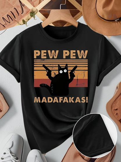 Herr T-shirt med rolig katt och retrotryck – Pew Pew Madafakas – Kort ärm, avslappnad stil