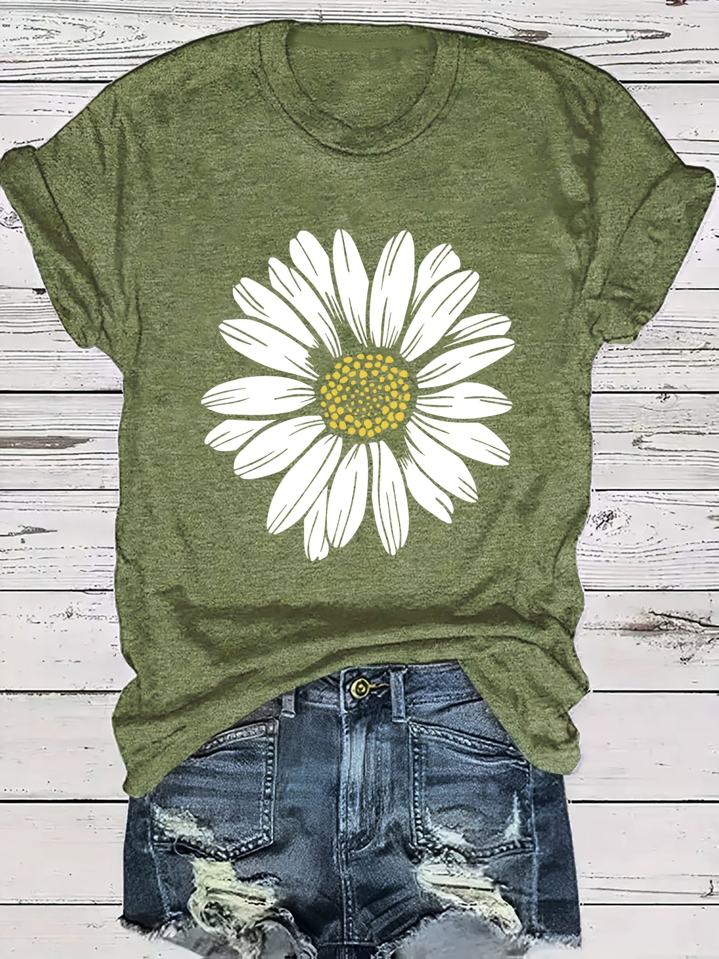 Dam T-shirt med Stor Prästkrageblomma – Avslappnad och Trendig Sommarstil