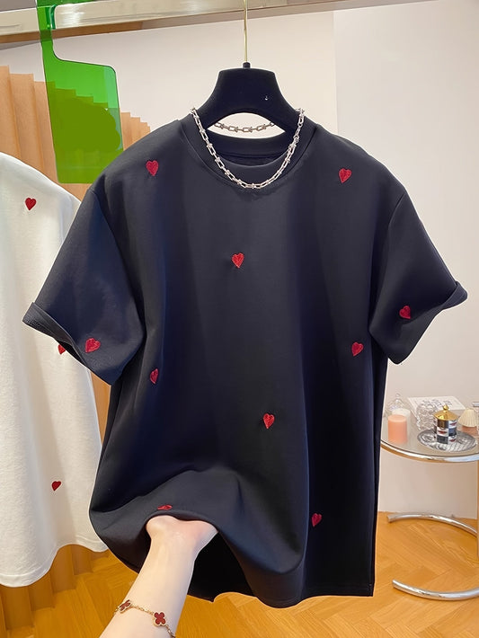 Dam T-shirt med broderade hjärtan – casual stil för vår och sommar