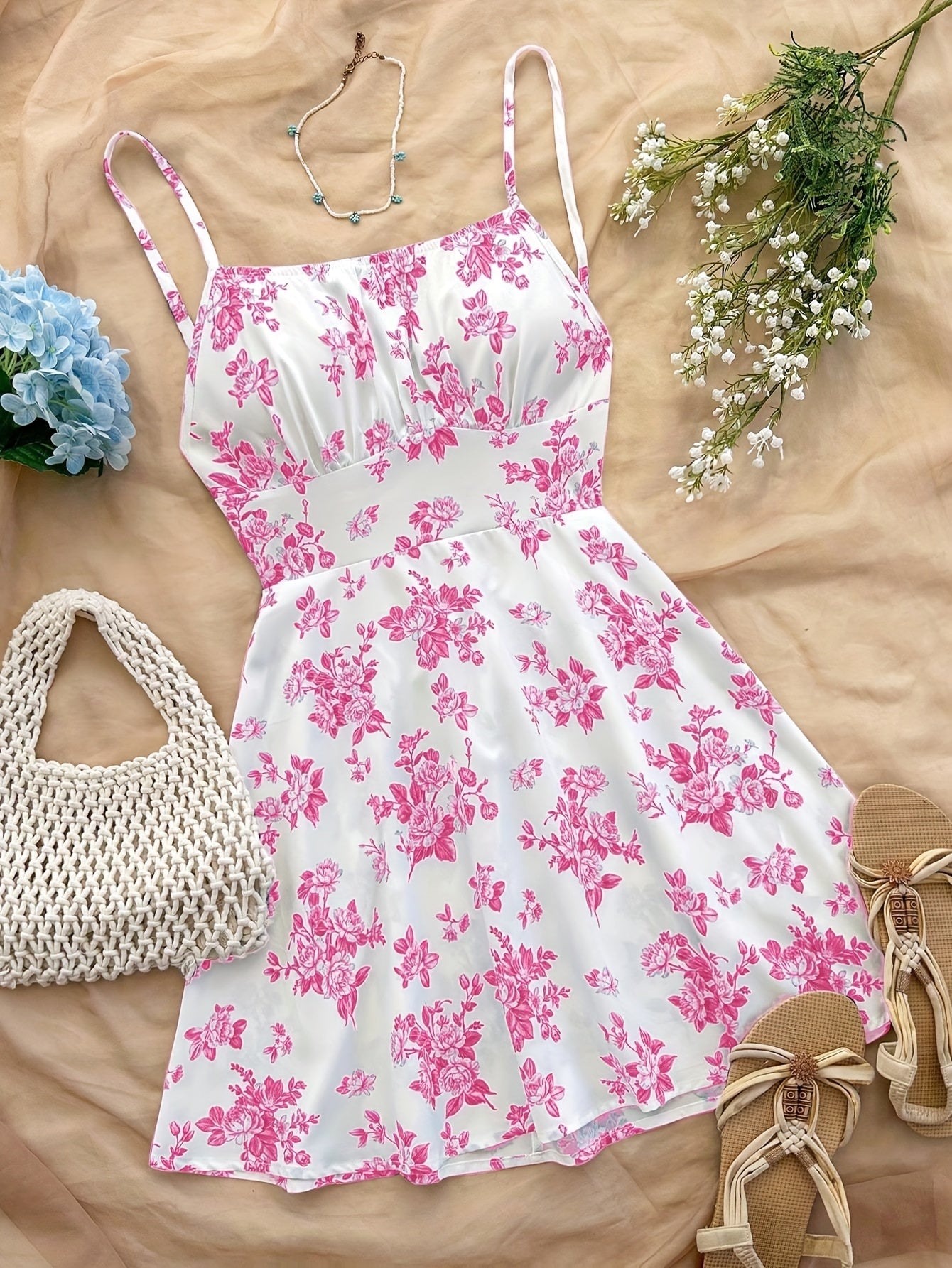 Damklänning med blommigt mönster och smala axelband – Elegant sommarklänning för fest och vardag