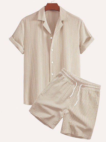 Herr Set med Kortärmad Skjorta och Shorts – Randigt, Avslappnat Sommarset för Strand och Semester