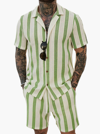 Herr Set med Kortärmad Skjorta och Shorts – Randigt, Avslappnad Sommarstil
