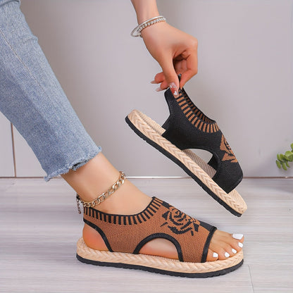 Dam Sandaler med Rosmotiv – Casual Sommarskor med Öppen Tå och Platåsula