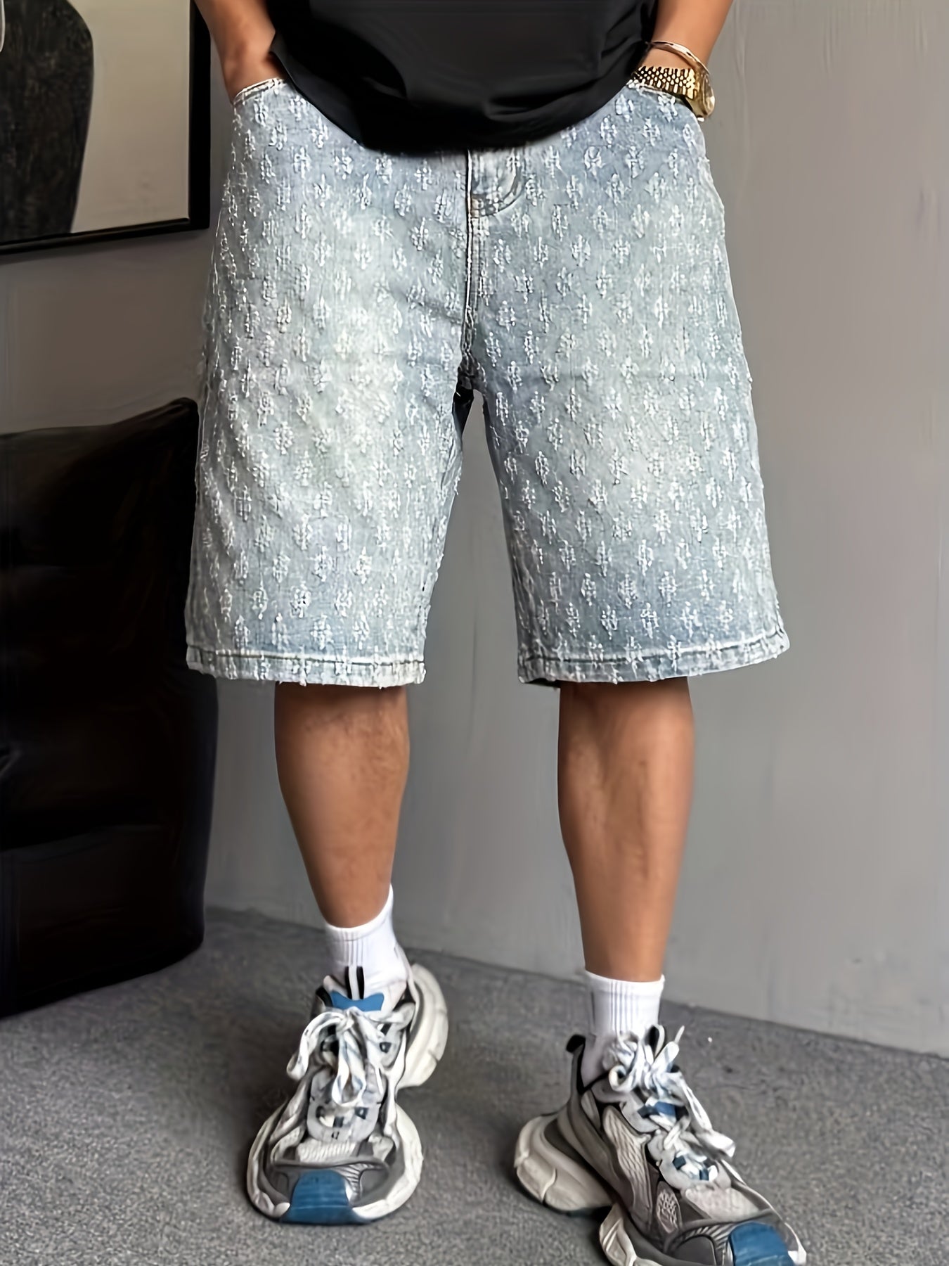 Herr Bermuda Shorts Streetstil – Knälånga Shorts med Textur och Avslappnad Passform