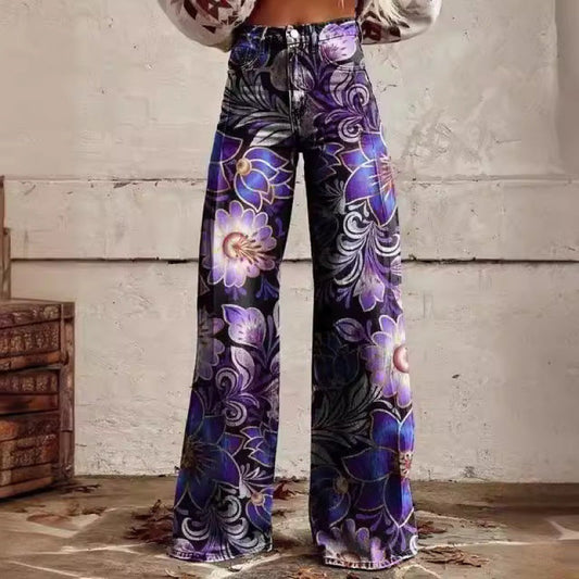 Jennifer – Tryckta Högmidjade Långa Byxor i Premium Vegan Denim