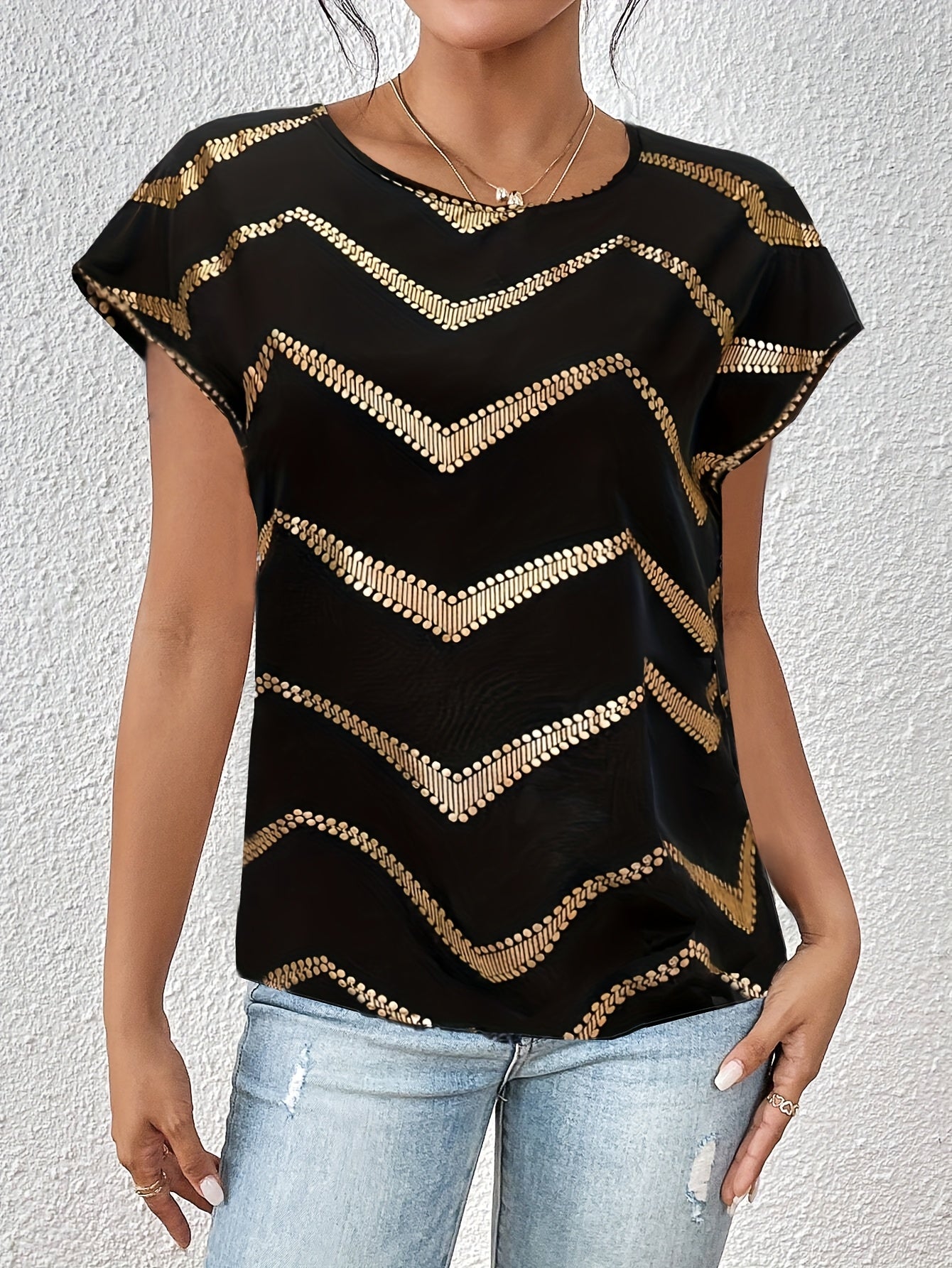 Dam Topp Elegant Geometriskt Mönster Kortärmad Blus för Vår och Sommar