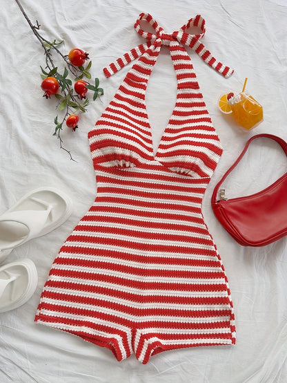 Dam Randig Halterneck Playsuit Retro Sommarstil