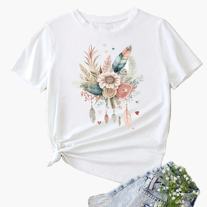 Dam T-shirt med blommigt och fjädertryck, avslappnad stil, perfekt för vardagsbruk