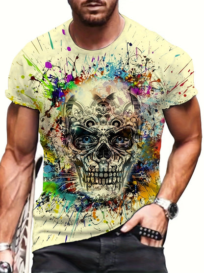 Herr T-shirt med färgstarkt dödskalletryck, streetwear-stil, kortärmad, plus size