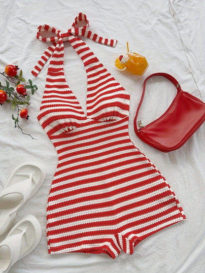 Dam Randig Halterneck Playsuit Retro Sommarstil