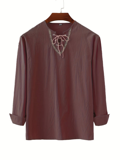 Herr Vintage Bohemisk Tunika med Snörning och Geometriskt Mönster – Ledig Blus för Alla Säsonger