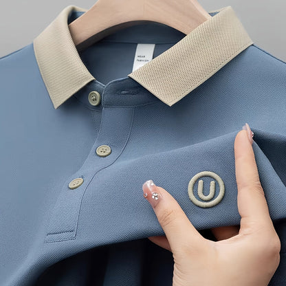 Herr Pikétröja Klassisk Casual med Kontrastkrage och Broderad Logotyp - Stilren för Vardag och Fritid