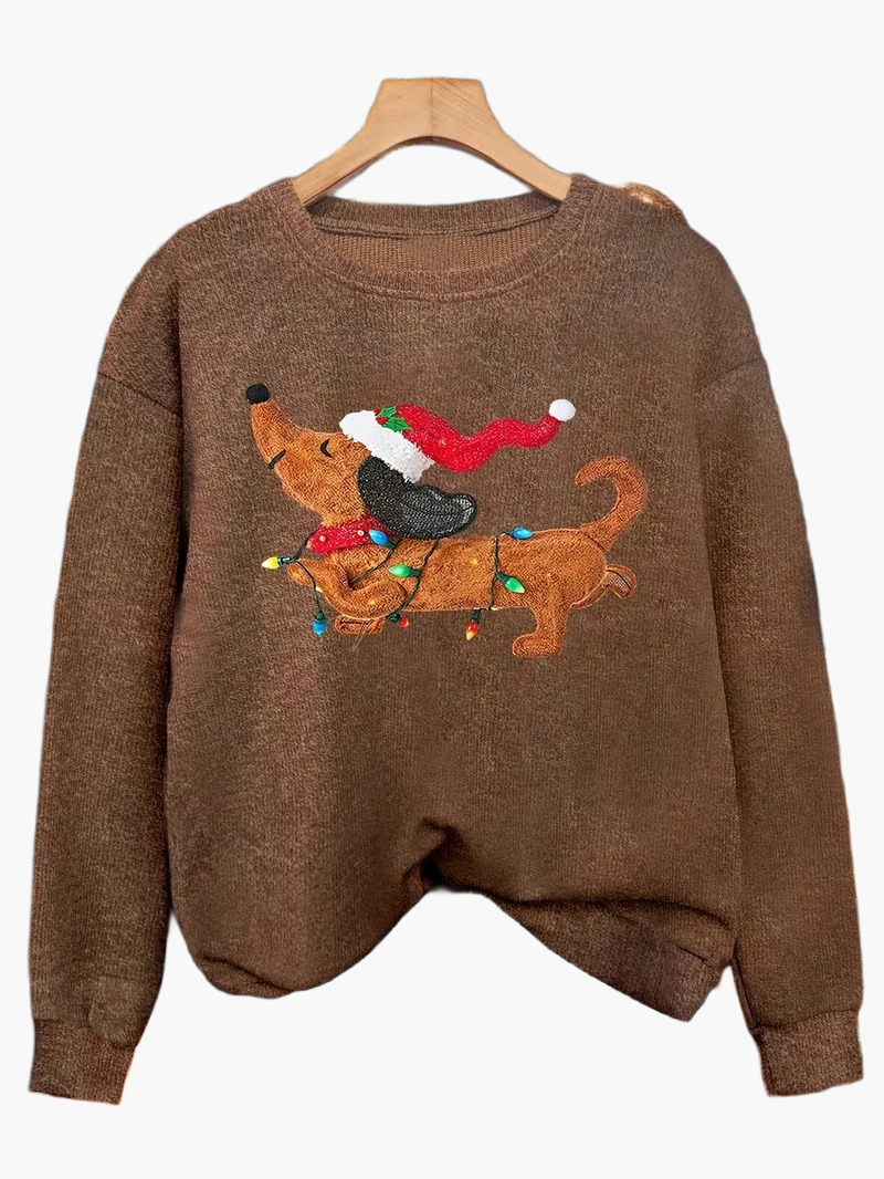 Damtröja med julmotiv och tax – julig och avslappnad stickad pullover