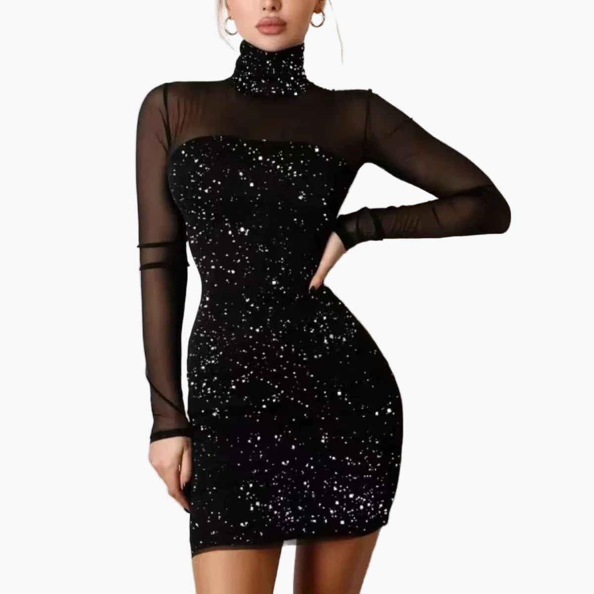 Dam Klänning Elegant Bodycon Med Hög Hals Och Mesh Ärmar – Perfekt För Fest & Kväll