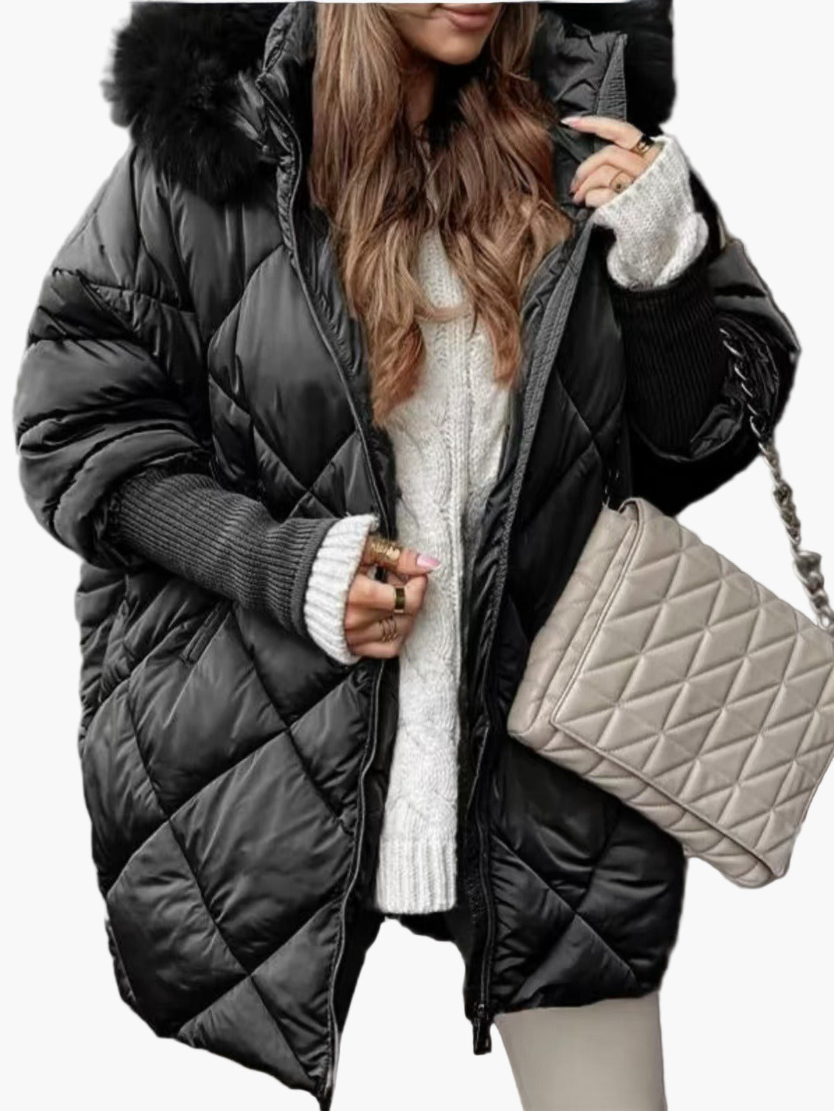 Dam Vinterjacka Oversize Quiltad Varm Parkas med Huva – Trendig och Elegant Ytterplagg för Kallt Väder