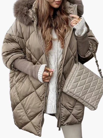 Dam Vinterjacka Oversize Quiltad Varm Parkas med Huva – Trendig och Elegant Ytterplagg för Kallt Väder