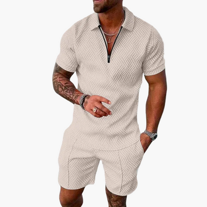Herrset – Modern Zip-Piké och Shorts för Sommar, Avslappnad Stil, Trendig Vardagslook