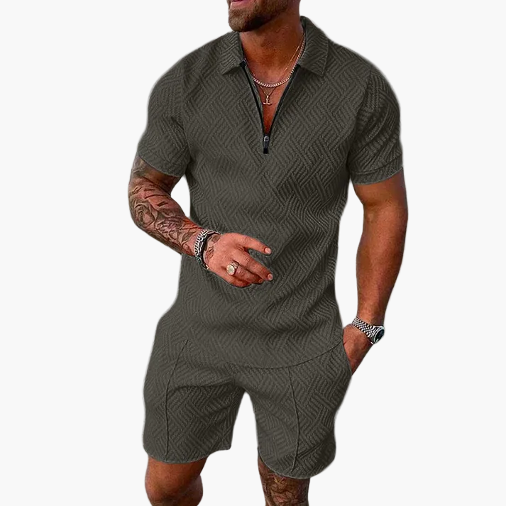 Herrset – Modern Zip-Piké och Shorts för Sommar, Avslappnad Stil, Trendig Vardagslook