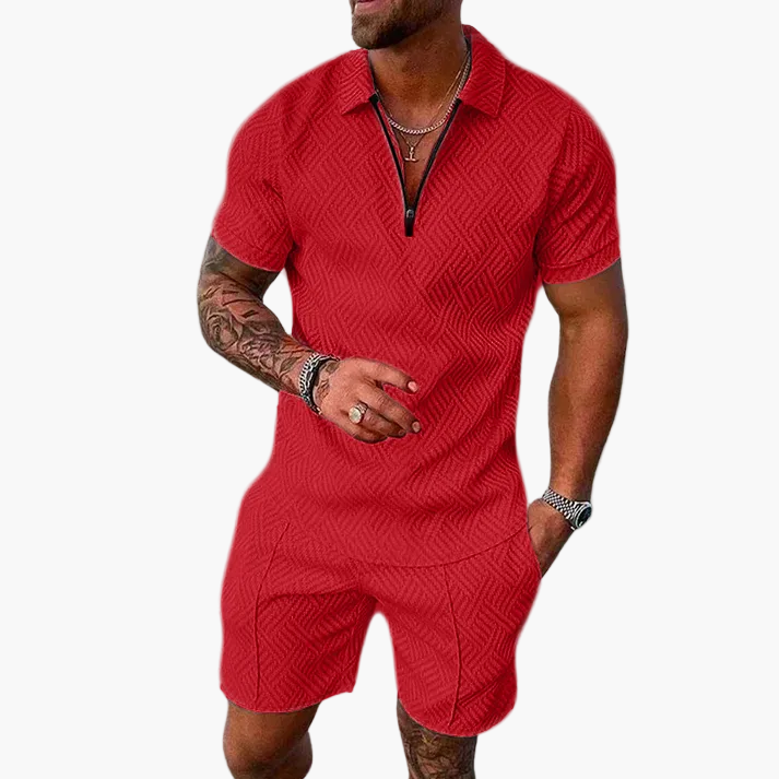 Herrset – Modern Zip-Piké och Shorts för Sommar, Avslappnad Stil, Trendig Vardagslook
