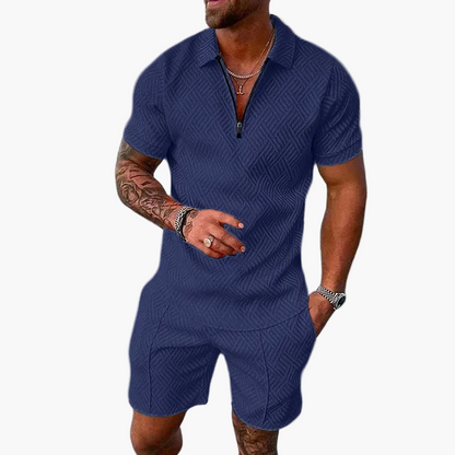 Herrset – Modern Zip-Piké och Shorts för Sommar, Avslappnad Stil, Trendig Vardagslook